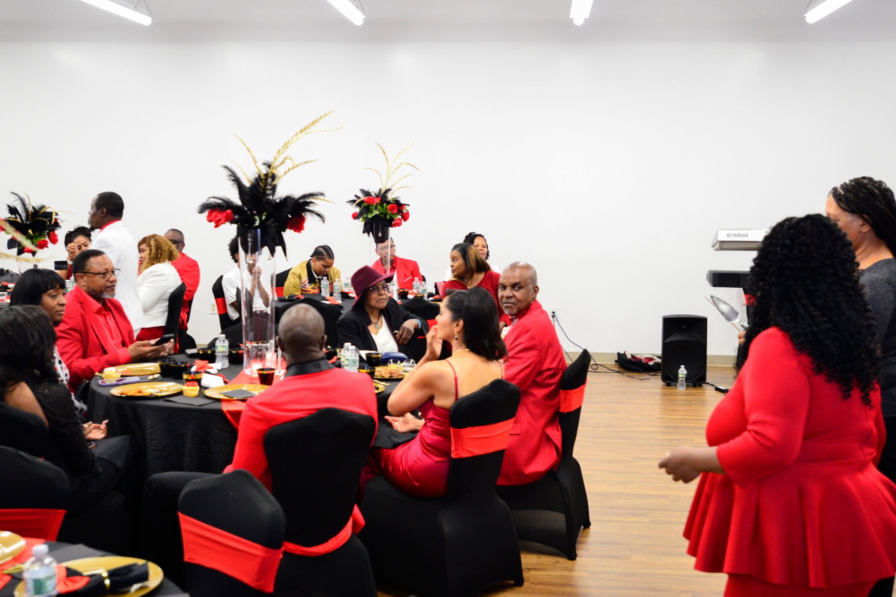 Guests seated at decorated banquet tables